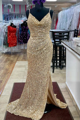 Champagne Sequin Cowl Back Mermaid Long Corset Prom Dress with Slit Gowns, Bridesmaids Dress Modest