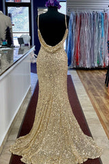 Champagne Sequin Cowl Back Mermaid Long Corset Prom Dress with Slit Gowns, Bridesmaid Dress Modest