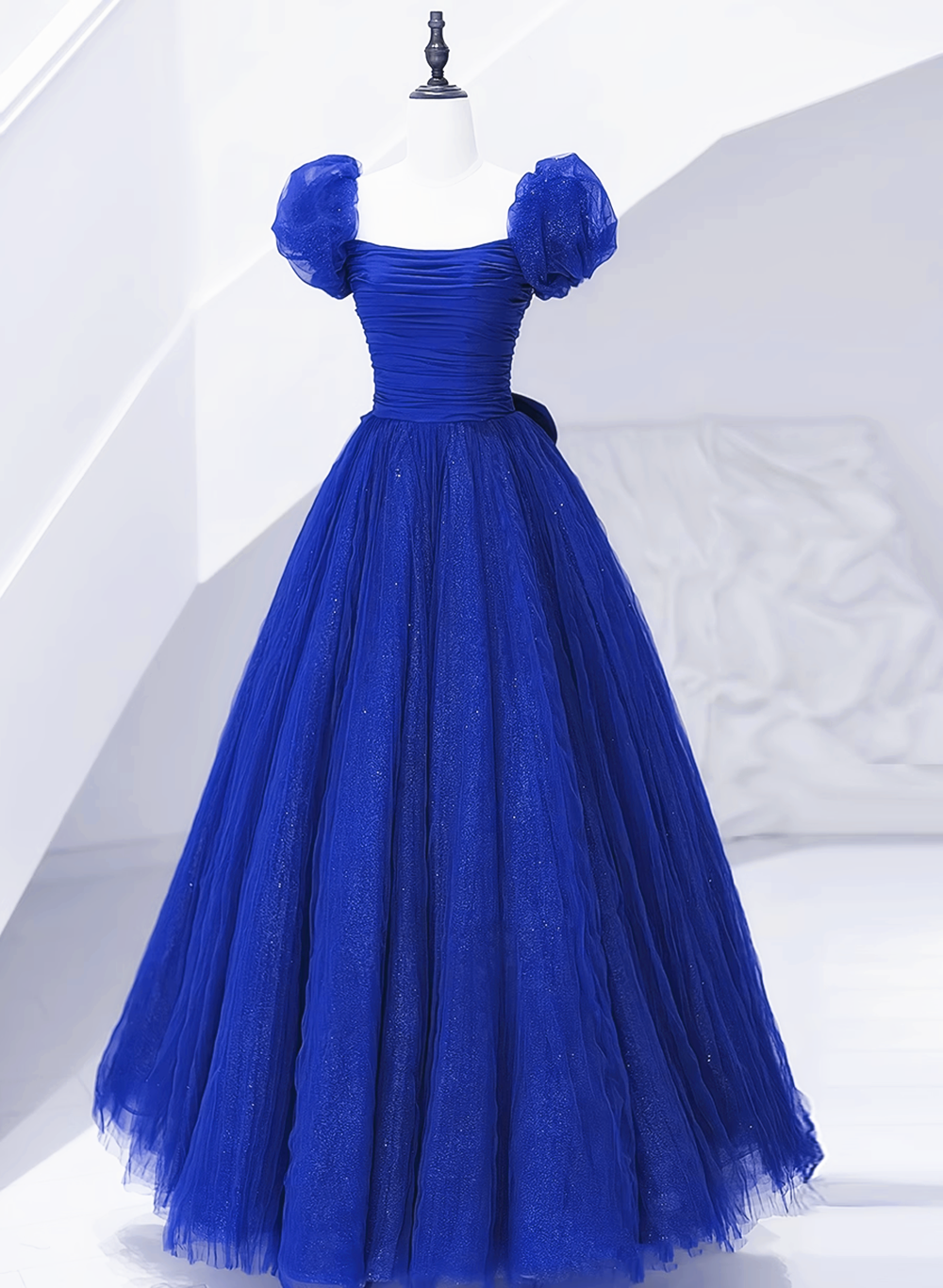 Royal Blue Scoop Tulle Short Sleeves Long Corset Prom Dress, Royal Blue A-Line Party Dress Outfits, Cocktail Dress Prom