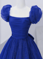 Royal Blue Scoop Tulle Short Sleeves Long Corset Prom Dress, Royal Blue A-Line Party Dress Outfits, Prom Inspo