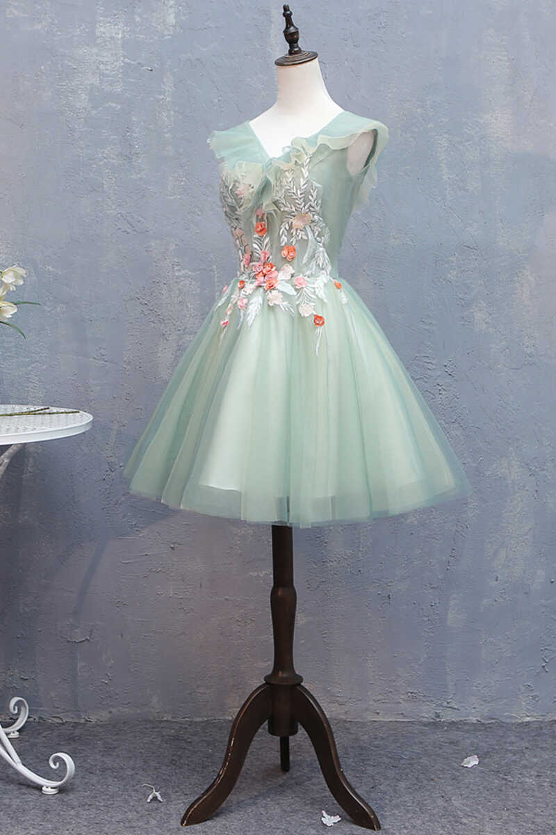 Light Green Appliques V-Neck A-Line Short Corset Homecoming Dress outfit, Homecomming Dresses Blue