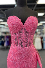 Hot Pink Appliques Strapless Mermaid Long Corset Prom Dress outfits, Formal Dresses With Sleeve