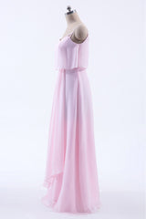 Pink Flounce Chiffon Straps A-line Long Corset Bridesmaid Dress outfit, Bridesmaids Dresses Fall Wedding