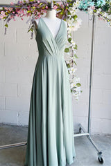 Light Green A-line V Neck Pleated Sleeveless Chiffon Long Corset Bridesmaid Dress outfit, Homecoming Dress With Tulle