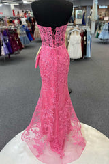 Hot Pink Appliques Strapless Mermaid Long Corset Prom Dress outfits, Formal Dress With Sleeve