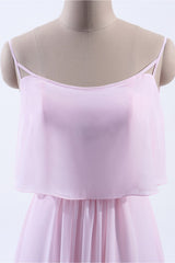 Pink Flounce Chiffon Straps A-line Long Corset Bridesmaid Dress outfit, Bridesmaids Dresses Fall Colors
