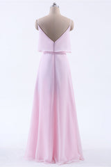 Pink Flounce Chiffon Straps A-line Long Corset Bridesmaid Dress outfit, Bridesmaid Dresses Fall Colors