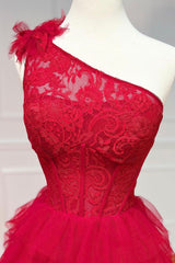 Red Tulle Lace Long Corset Prom Dresses, One Shoulder Evening Dresses outfit, Party Dress Store