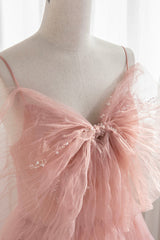 Pink Tulle Beaded Long Corset Prom Dress, A-Line Evening Dress with Bow outfit, Bridesmaid Dresses Blues