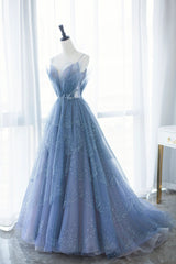 Blue Tulle Long A-Line Corset Prom Dresses, Blue Evening Dresses with Beaded outfit, Party Dress Indian