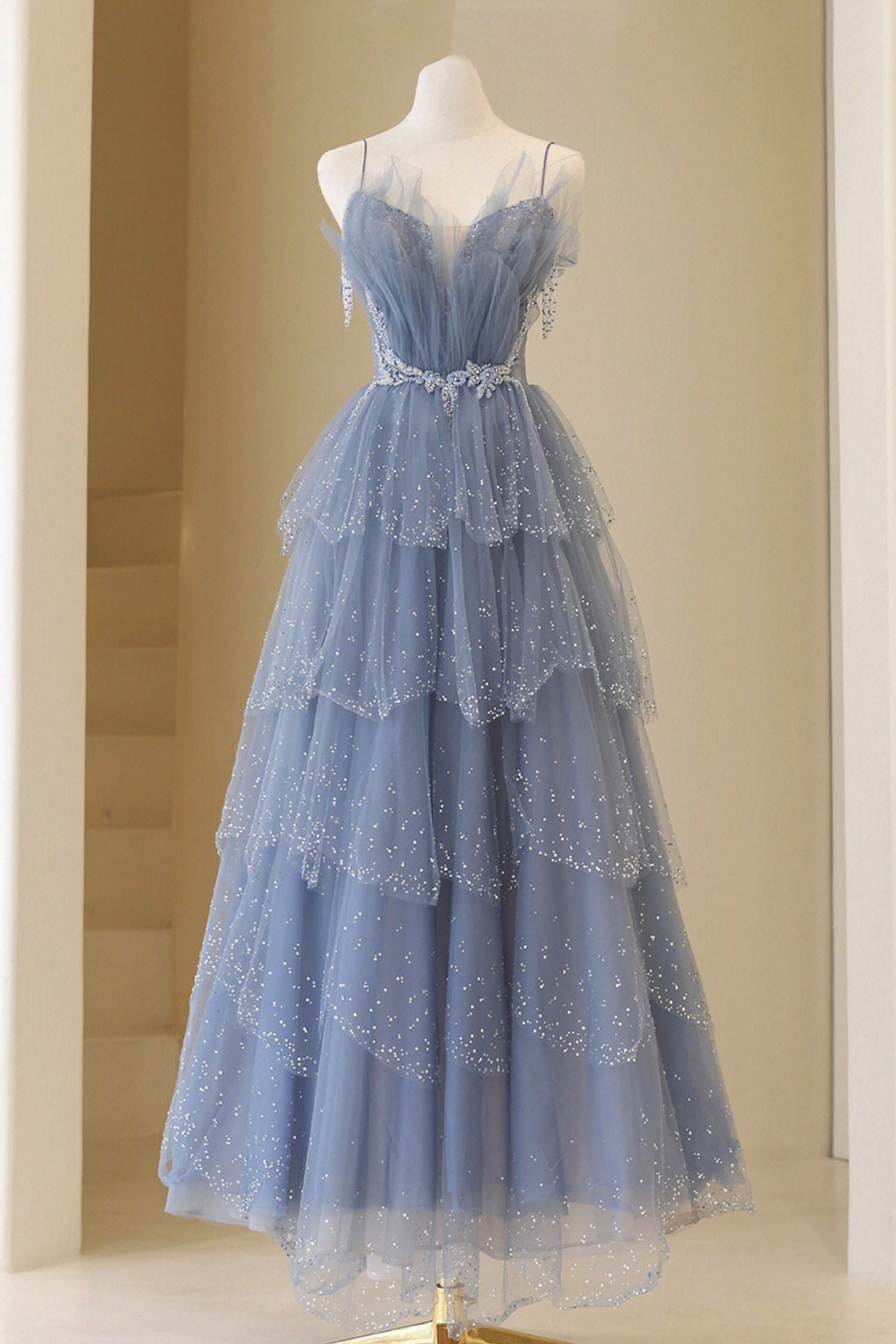 Blue Tulle Layers Straps Beaded Long Corset Prom Dress, Blue A-Line Evening Dress outfit, Party Dress For Teenage Girl