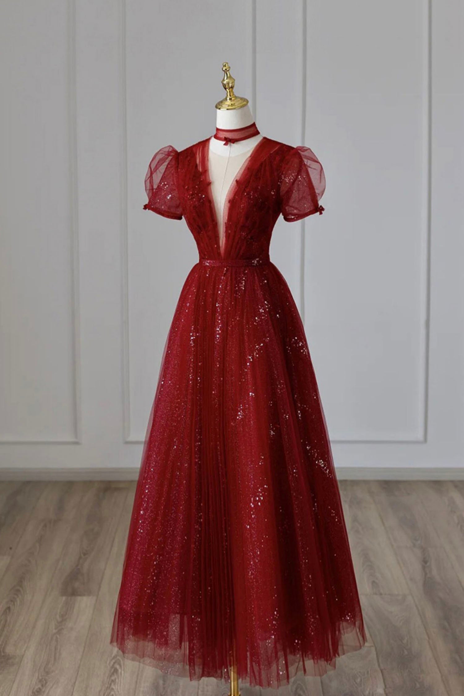 Burgundy Tulle Sequins Tea Length Corset Prom Dress, A-Line Evening Dress outfit, Formal Dress To Attend Wedding