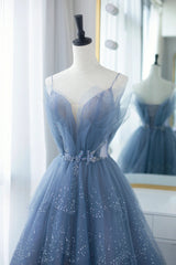 Blue Tulle Long A-Line Corset Prom Dresses, Blue Evening Dresses with Beaded outfit, Party Dress Long Sleeve