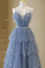 Blue Tulle Layers Straps Beaded Long Corset Prom Dress, Blue A-Line Evening Dress outfit, Party Dress Black