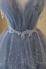 Blue Tulle Layers Straps Beaded Long Corset Prom Dress, Blue A-Line Evening Dress outfit, Party Dresses Summer Dresses