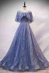 Blue Tulle Sequins Long Corset Prom Dress, A-Line Blue Evening Dress outfit, Party Dress For Girl