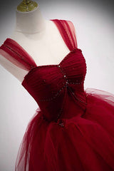 Burgundy Tulle Long A-Line Corset Prom Dress, Burgundy Evening Party Dress Outfits, Formal Dress With Sleeves