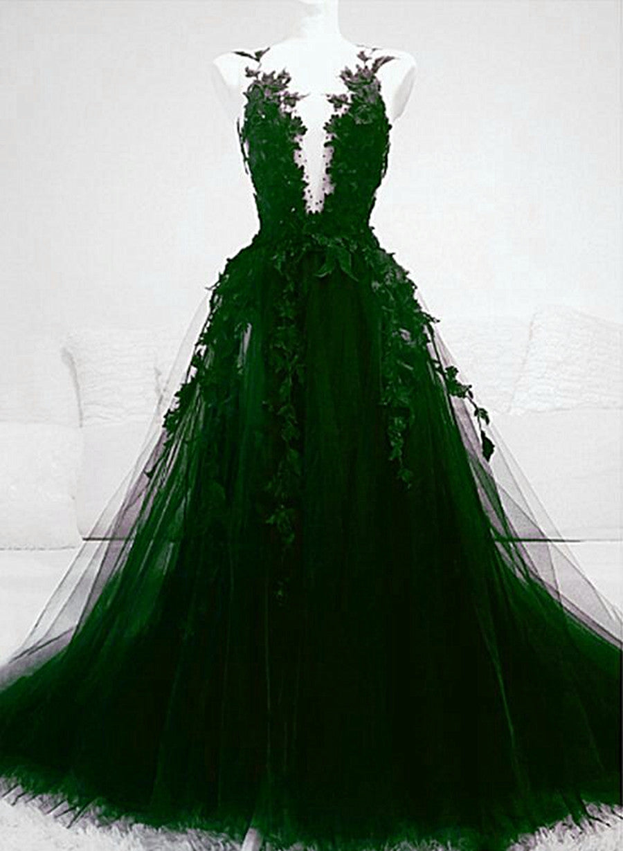 Dark Green Tulle With Lace Deep Neckline Backless Corset Prom Dress, Dark Green Party Dress Outfits, Formal Dresses Classy