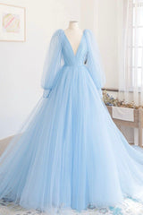 Blue V-Neck Tulle Long Corset Prom Dress, Long Sleeve A-Line Evening Party Dress Outfits, Club Outfit For Women