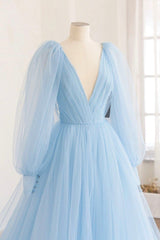 Blue V-Neck Tulle Long Corset Prom Dress, Long Sleeve A-Line Evening Party Dress Outfits, Prom Dress Pink