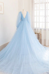 Blue V-Neck Tulle Long Corset Prom Dress, Long Sleeve A-Line Evening Party Dress Outfits, Dress Aesthetic