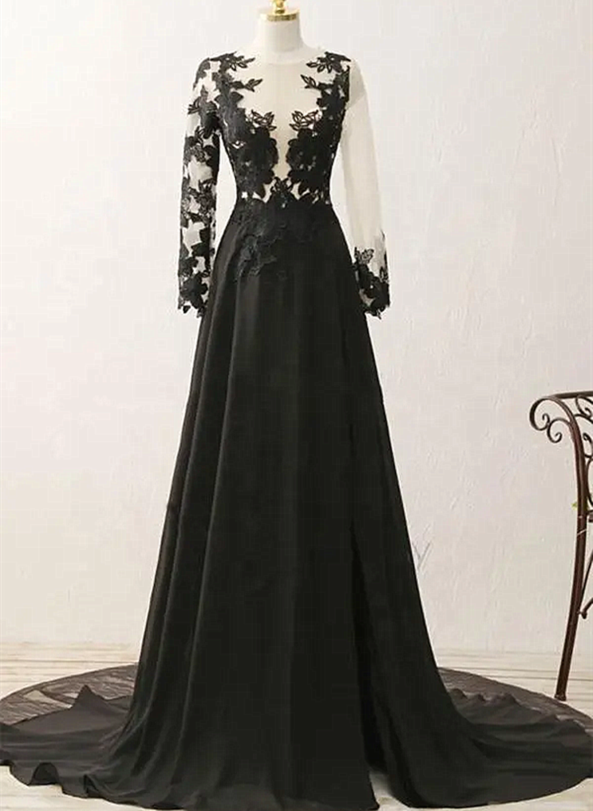 Black Long Sleeves Chiffon With Lace Evening Dress, Black A-Line Party Dress With Leg Slit outfit, Club Dress