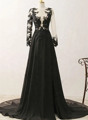 Black Long Sleeves Chiffon With Lace Evening Dress, Black A-Line Party Dress With Leg Slit outfit, Club Dress