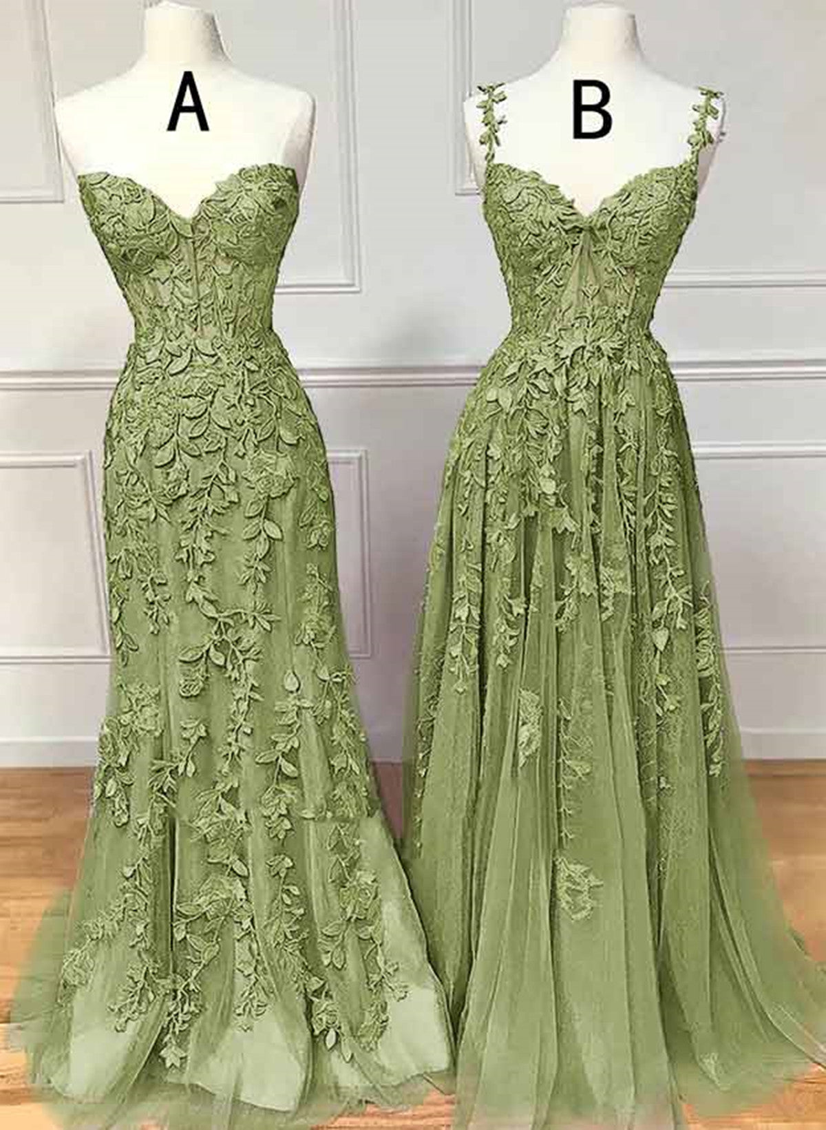 Lovely Sage Green Tulle With Lace Long Corset Formal Dress, Sweetheart Corset Prom Dress outfits, Lace Dress