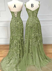 Lovely Sage Green Tulle With Lace Long Corset Formal Dress, Sweetheart Corset Prom Dress outfits, Party Dress High Neck