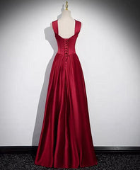 A-Line Sleeveless Wine Red Satin Evening Dress, Wine Red Long Corset Prom Dress outfits, Fancy Outfit