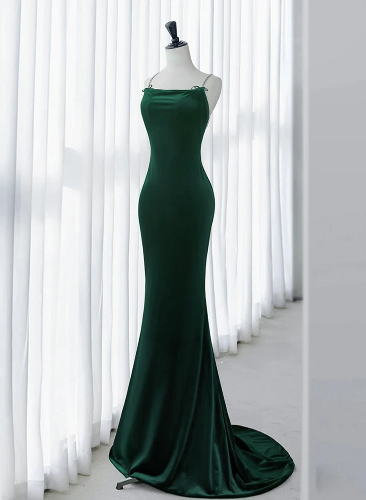 Green Velvet Mermaid Straps Long Corset Formal Dress, Green Evening Dress Party Dress Outfits, Modest Dress