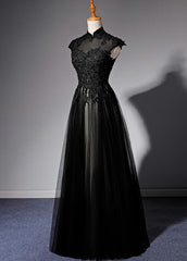 Elegant High Neckline Black Evening Dress, Tulle With Lace Applique Corset Prom Dress outfits, Party Dresses With Boots