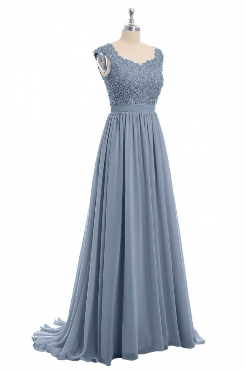 Dusty Blue Lace Cap Sleeve A-Line Floor-Length Corset Bridesmaid Dress outfit, Party Dresses For Teen