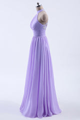 High Neck Lavender Chiffon Empire A-line Long Corset Bridesmaid Dress outfit, Formal Dresses Graduation