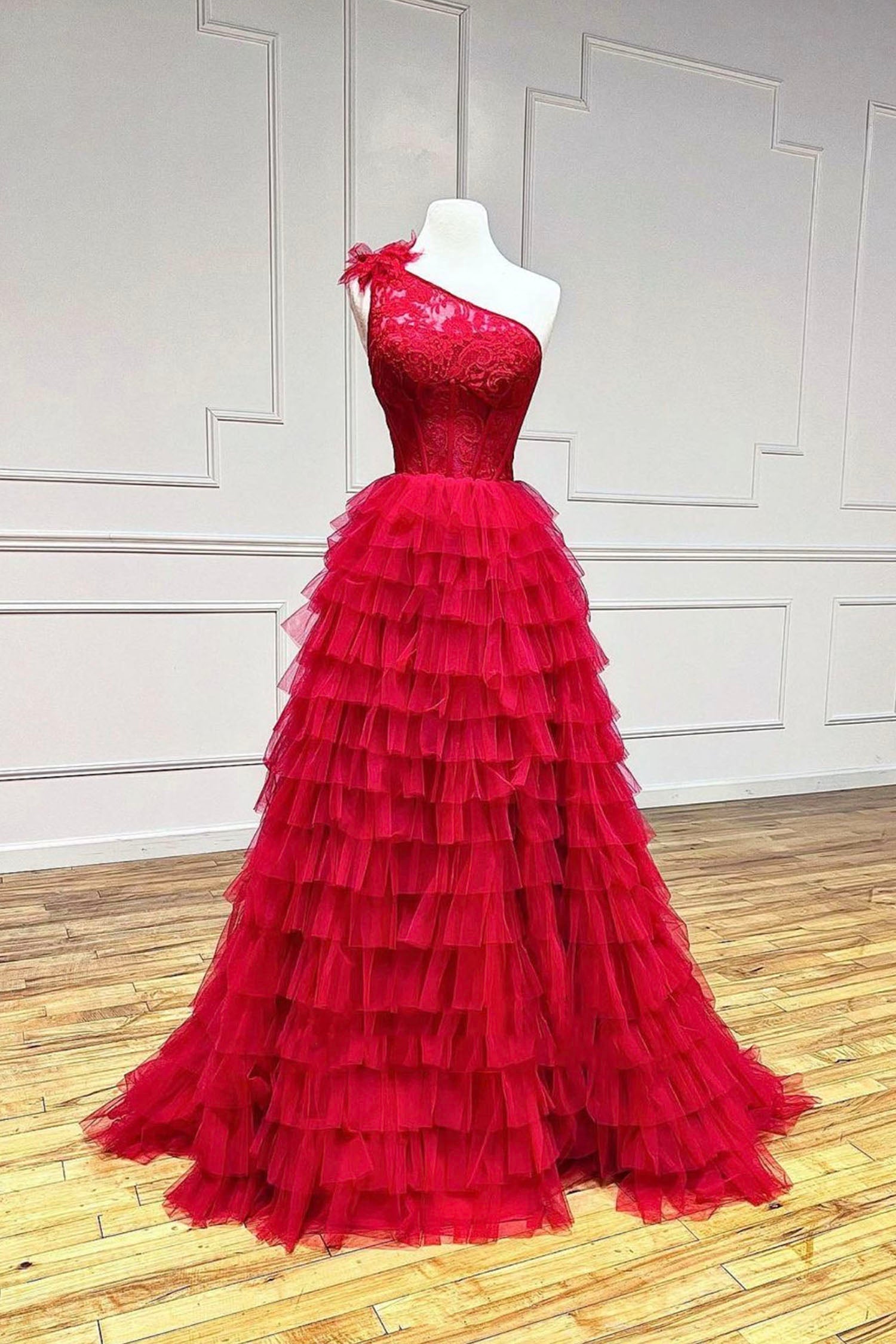 Red Tulle Lace Long Corset Prom Dresses, One Shoulder Evening Dresses outfit, Party Dress Stores