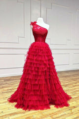 Red Tulle Lace Long Corset Prom Dresses, One Shoulder Evening Dresses outfit, Party Dress Stores