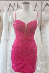 Hot Pink V Neck Straps Sequins Sheath Corset Homecoming Dress outfit, Ethereal Dress