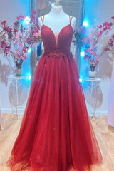 Red Plunging V Neck Double Straps Beaded Appliques Pleated Long Corset Prom Dress outfits, Flower Girl