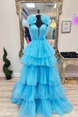 Blue Tulle Ruffles Multi-Layers Plunging V Neck Long Corset Prom Dress outfits, Bridesmaid Dress Blushes