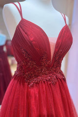 Red Plunging V Neck Double Straps Beaded Appliques Pleated Long Corset Prom Dress outfits, Bridesmaid Dresses Mauve