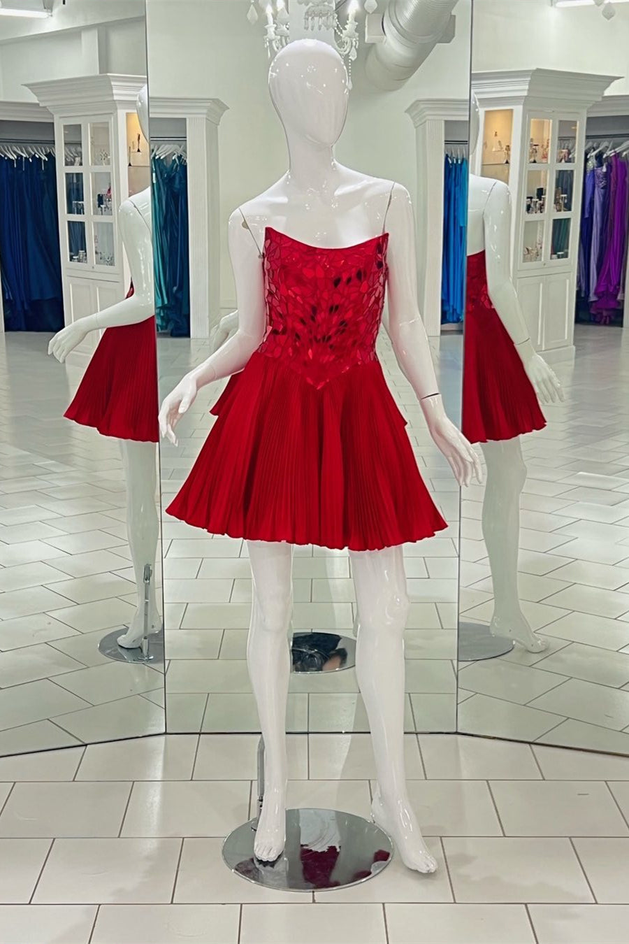 Red Strapless Mirror-Cut Sequins Top A-line Corset Homecoming Dress outfit, Bridesmaid Dresses Chicago