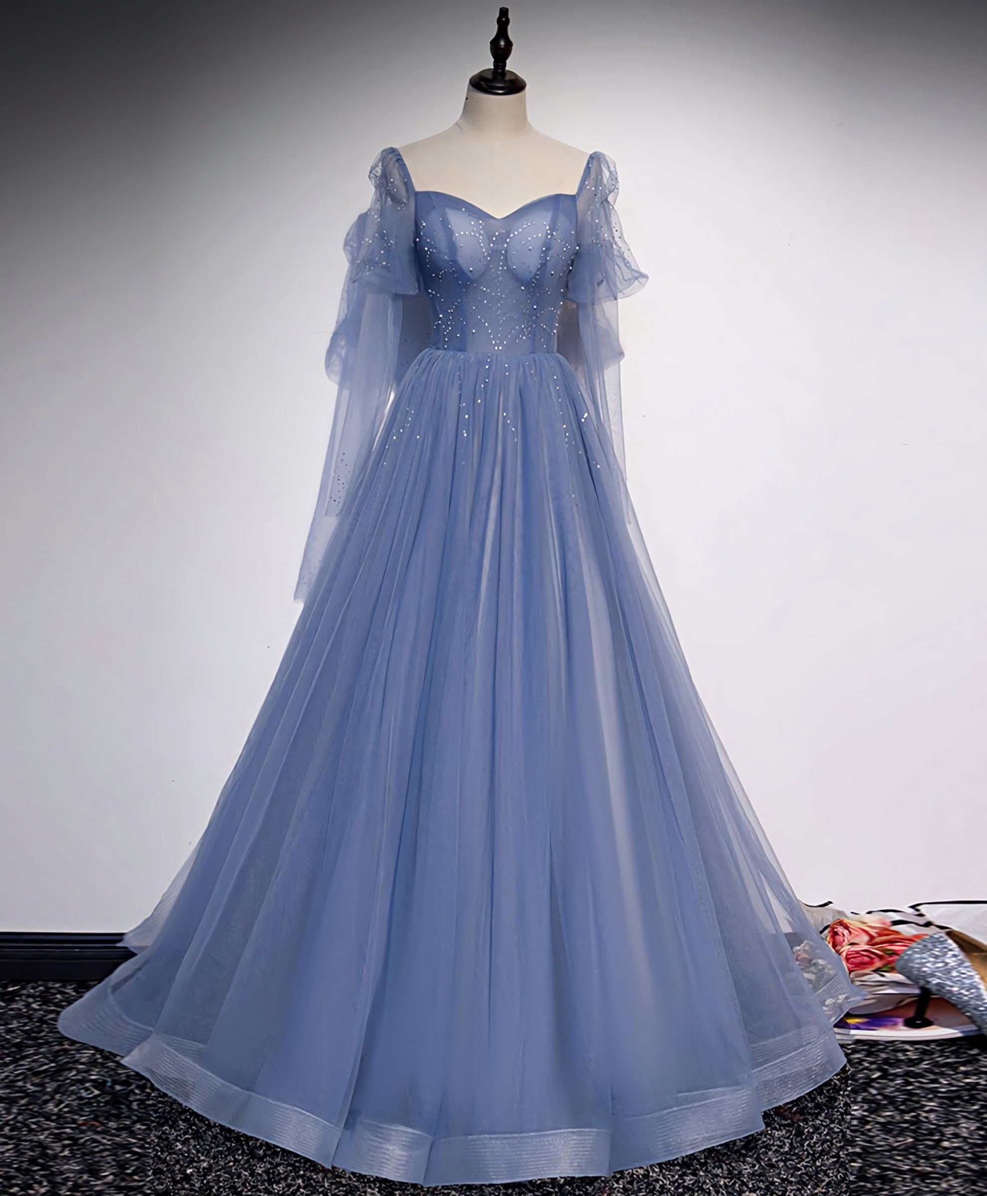 Blue Tulle Sweetheart Long Corset Prom Dress, Blue Tulle Corset Formal Dress outfit, Prom Dresses Sites
