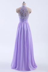 High Neck Lavender Chiffon Empire A-line Long Corset Bridesmaid Dress outfit, Formal Dresses And Evening Gowns