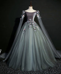 Gray Green Tulle Lace Long Corset Prom Dress Gray Tulle Corset Formal Dress outfit, Party Dresses Classy