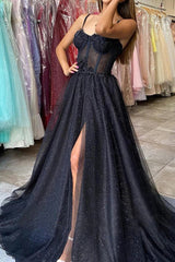 Black A Line Spaghetti Straps Corset Prom Dresses with Slit, Sparkly Evening Gown outfits, Red Dress