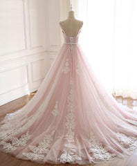 Pink Sweetheart Lace Tulle Long Corset Prom Dress, Lace Pink Evening Dress outfit, Homecoming Dress Styles