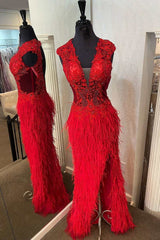 Red Lace Feather V-Neck Long Corset Prom Dress with Slit Gowns, Bridesmaids Dresses Yellow