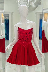 Red Strapless Mirror-Cut Sequins Top A-line Corset Homecoming Dress outfit, Party Dress Outfits