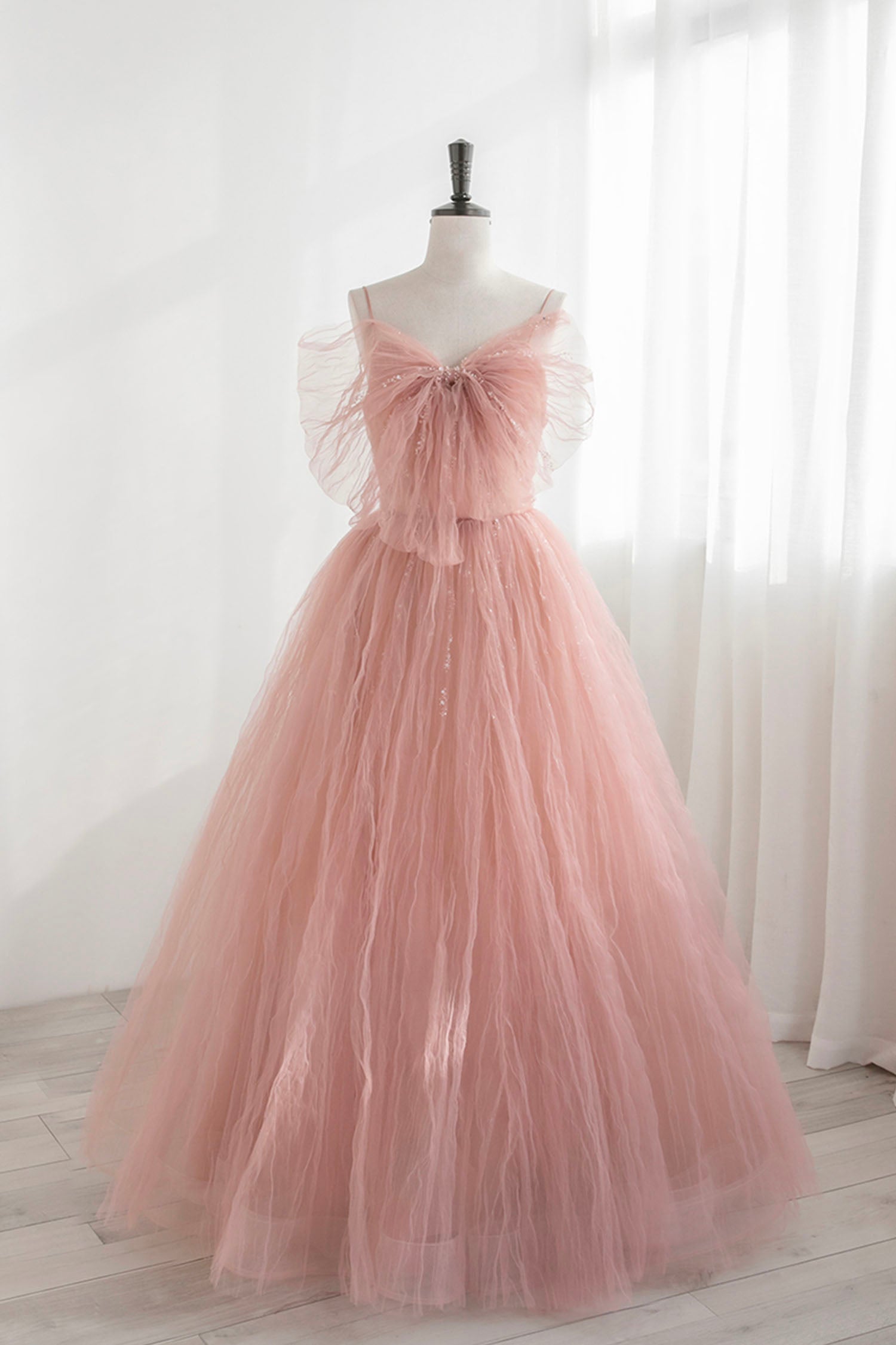 Pink Tulle Beaded Long Corset Prom Dress, A-Line Evening Dress with Bow outfit, Bridesmaid Dress Blue