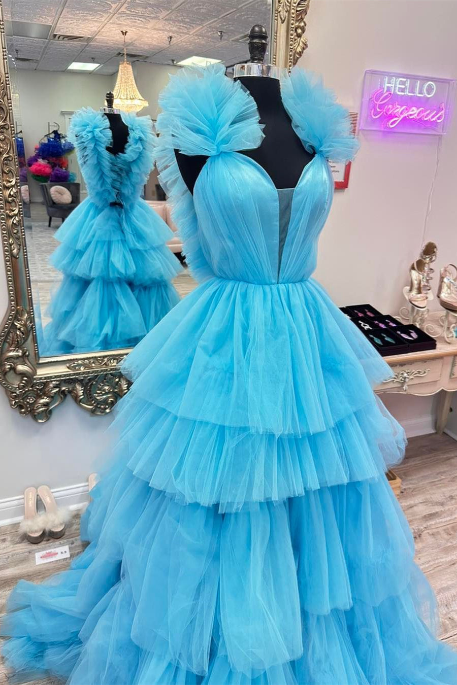 Blue Tulle Ruffles Multi-Layers Plunging V Neck Long Corset Prom Dress outfits, Bridesmaids Dress Blush